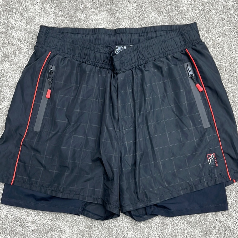 PE Nation Black Check Layered Athletic Shorts Men’s M Zip Pockets